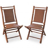 PAIR OF WOOD AND WICKER FOLDIN