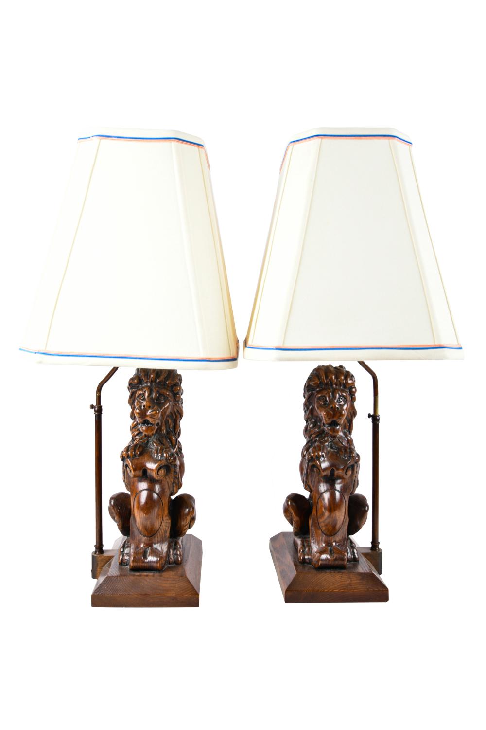PAIR OF WOOD CARVED LION LAMPSlions
