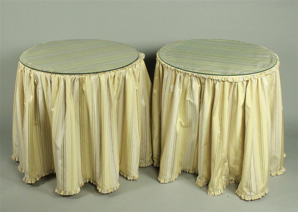 PAIR OF WOOD FRAME TABLES WITH SILK