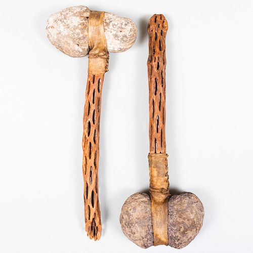 PAIR OF WOOD, STONE AND HIDE WAR