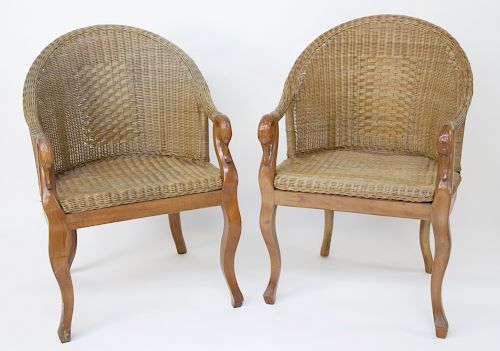PAIR OF WOVEN WICKER AND CARVED