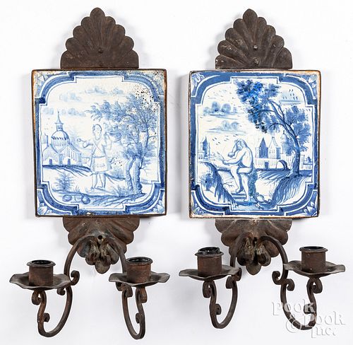 PAIR OF WROUGHT IRON AND DELFT TILE