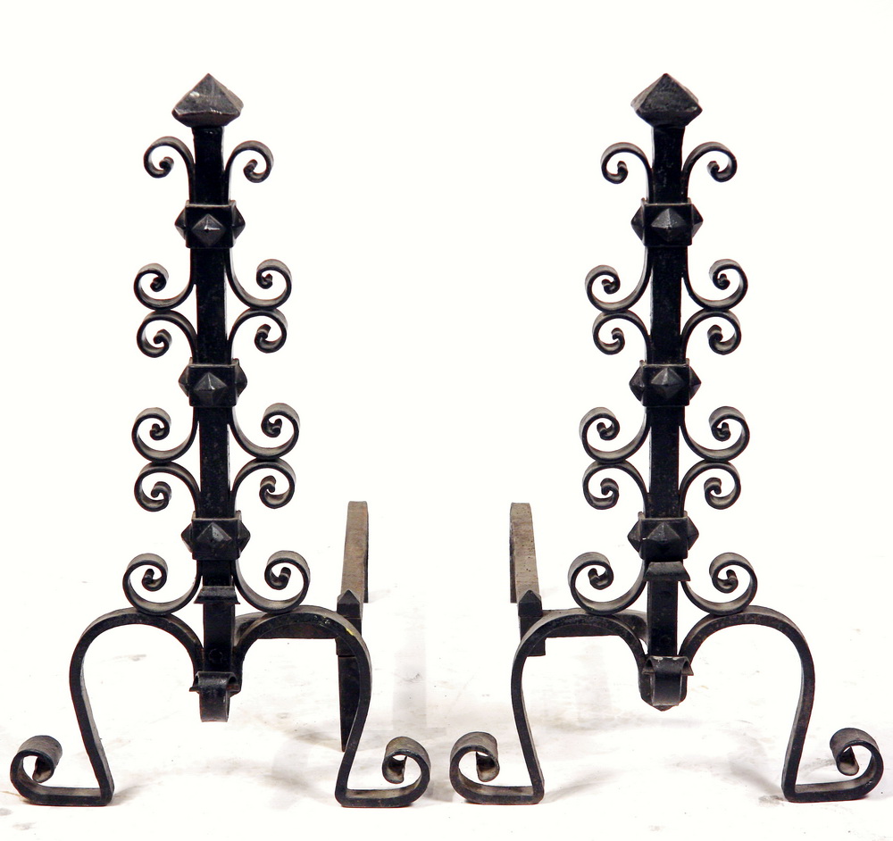 PAIR OF WROUGHT IRON ANDIRONS -