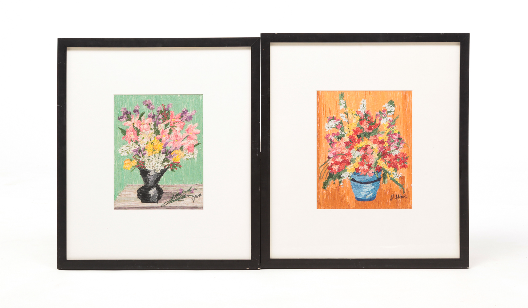 PAIR OF YARN WORK STILL LIFES BY
