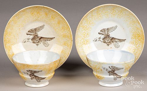 PAIR OF YELLOW SPATTER CUPS AND