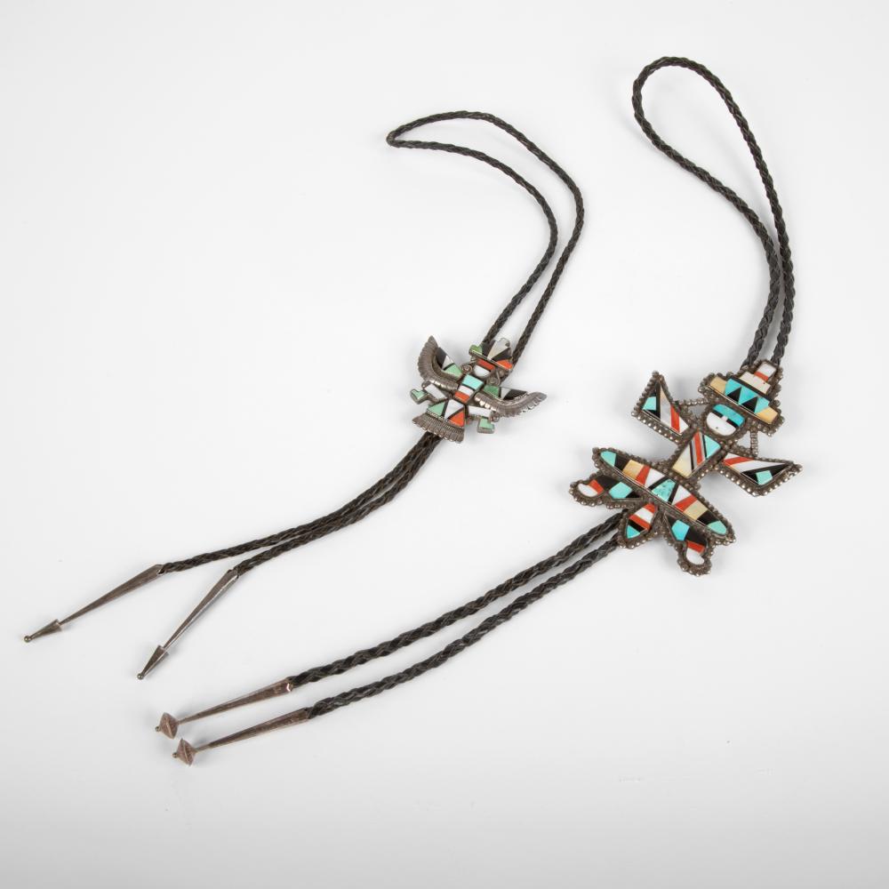 PAIR OF ZUNI KNIFEWING INLAY BOLO
