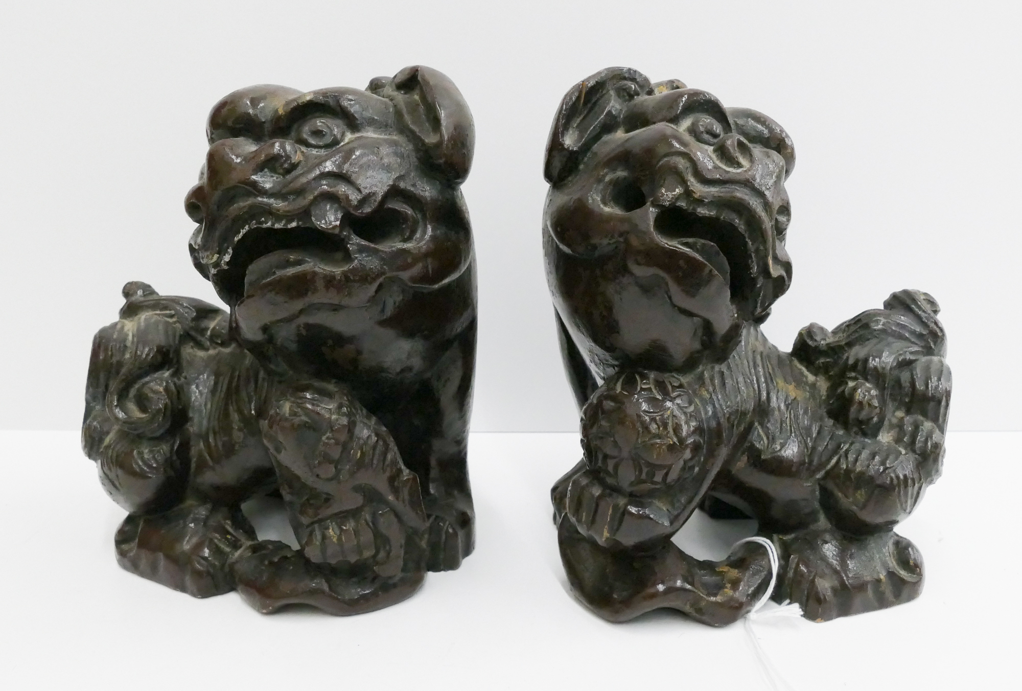 Pair Old Chinese Carved Wood Foo