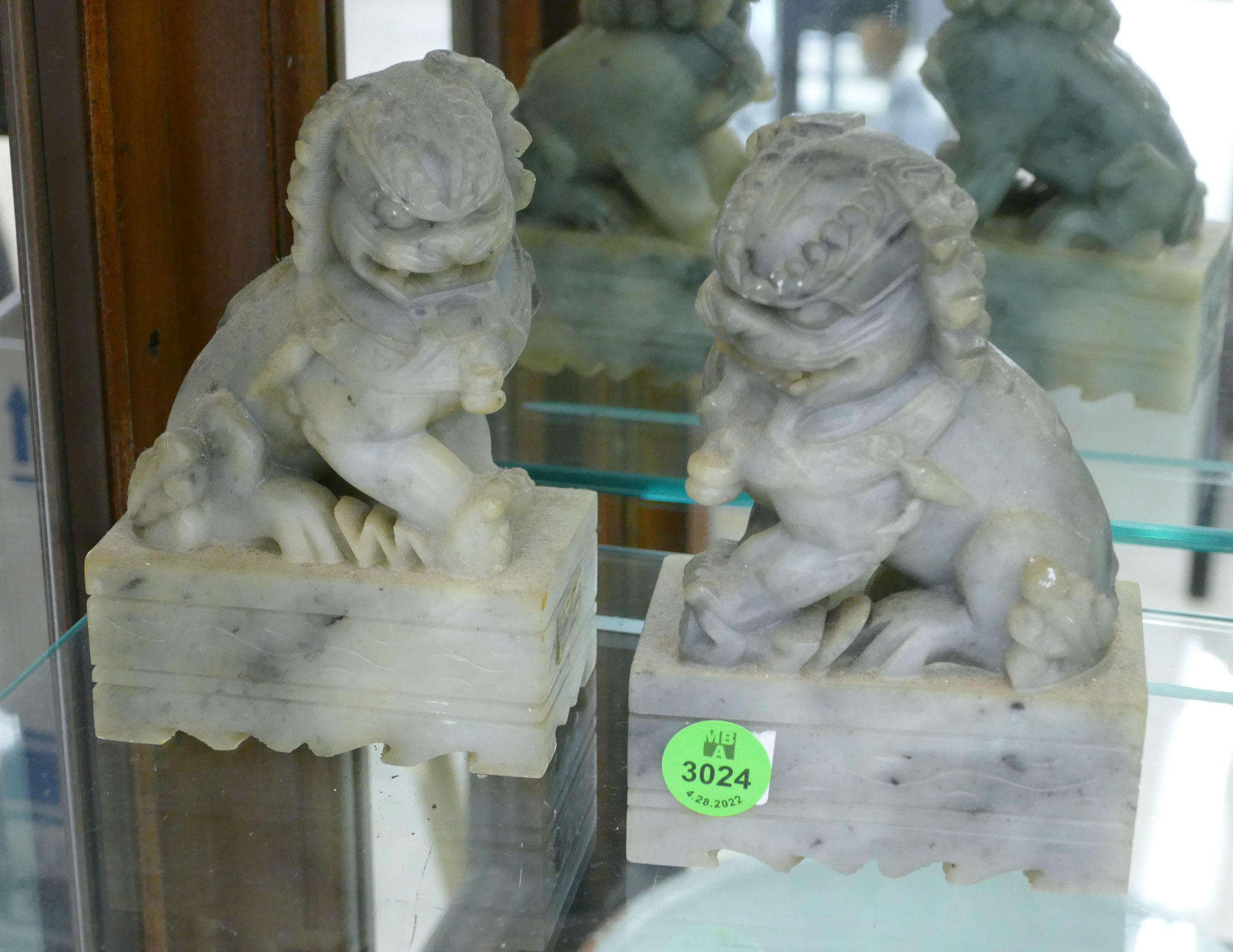 Pair Old Chinese Soapstone Foo