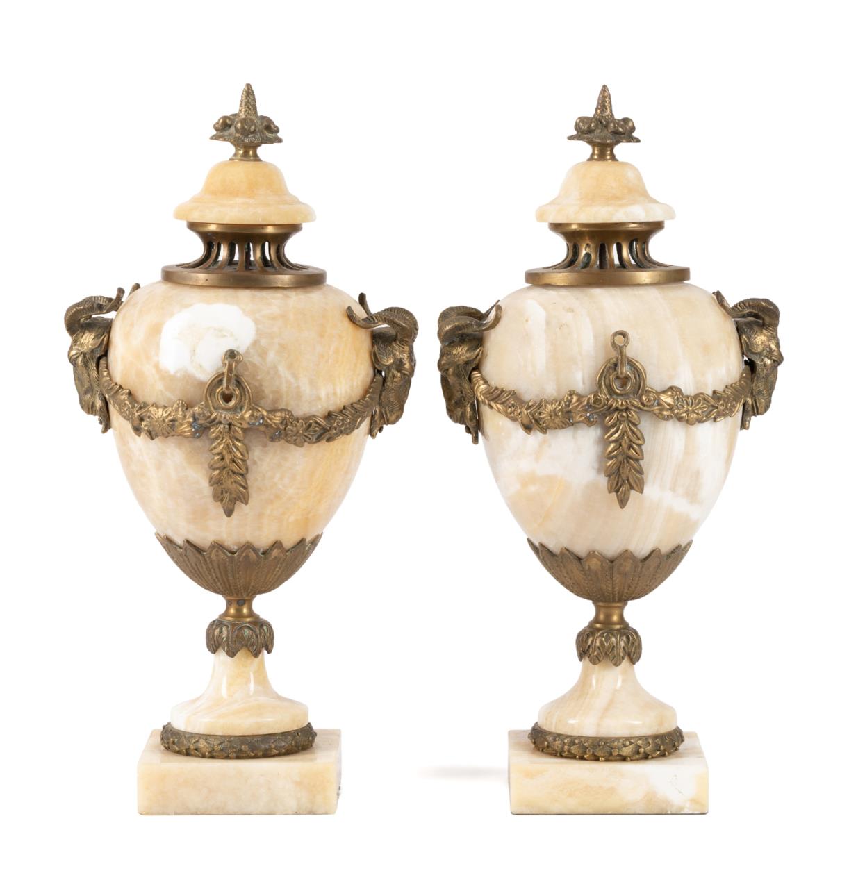 PAIR ONYX & BRASS CASSOLETTES IN