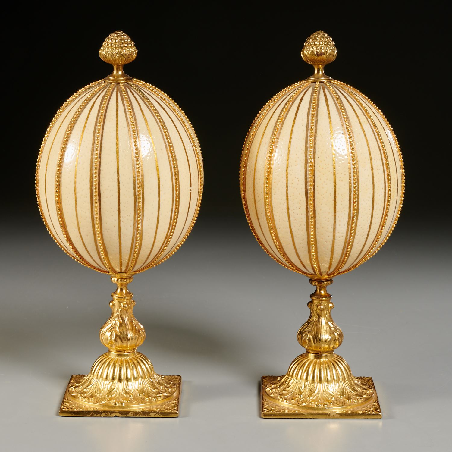 PAIR ORMOLU MOUNTED OSTRICH EGG