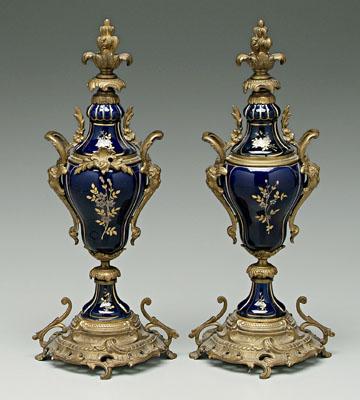 Pair ormolu mounted urns, colbalt