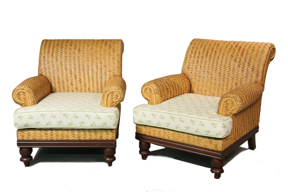 PAIR OVERSIZED RATTAN ARMCHAIRS -