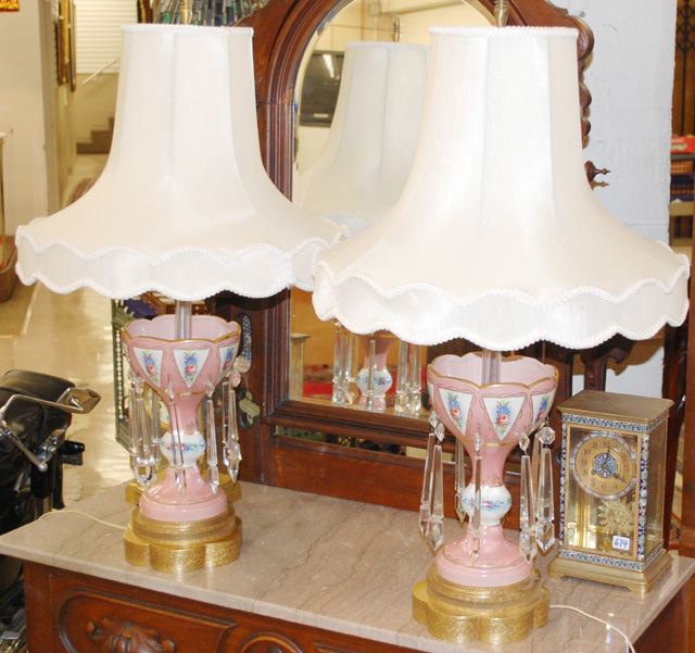 PAIR PAINTED GLASS LUSTRE TABLE