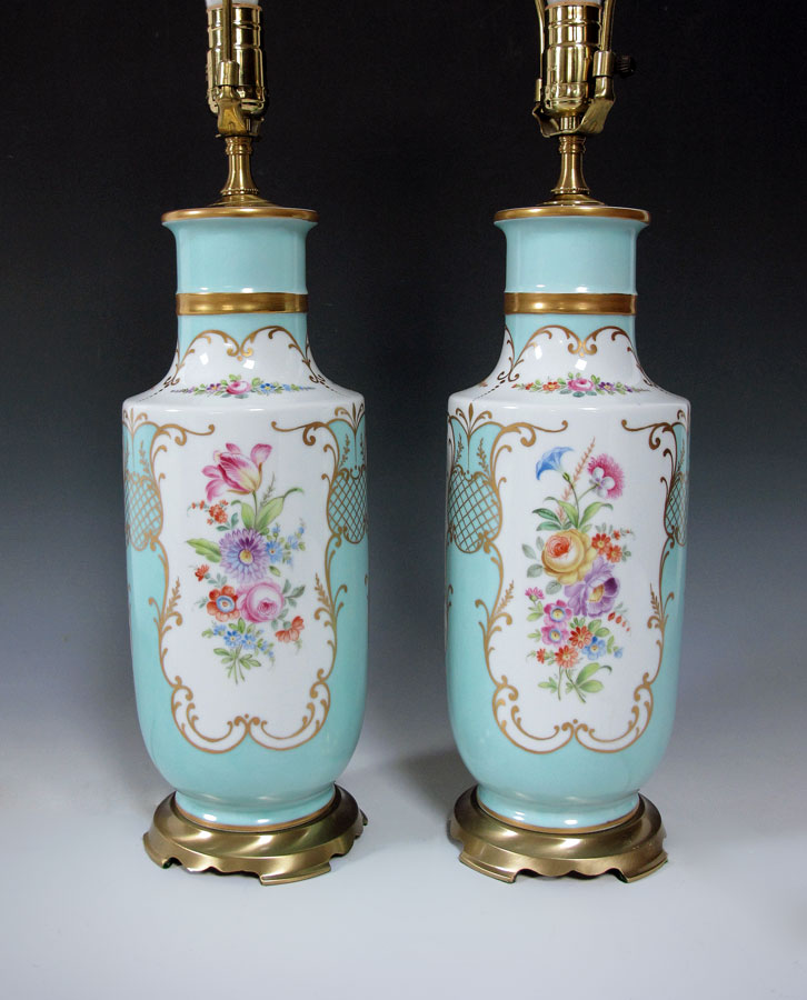 PAIR PAINTED PORCELAIN LAMPS: