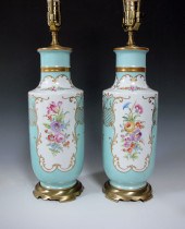 PAIR PAINTED PORCELAIN LAMPS: