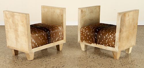 PAIR PARCHMENT BENCHES COVERED IN