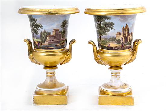 Pair Paris scenic-painted porcelain