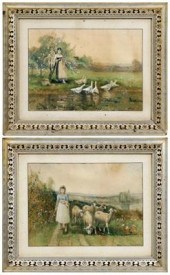 Pair pastoral watercolors: one