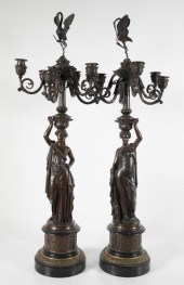 PAIR PATINATED BRONZE SIX-LIGH