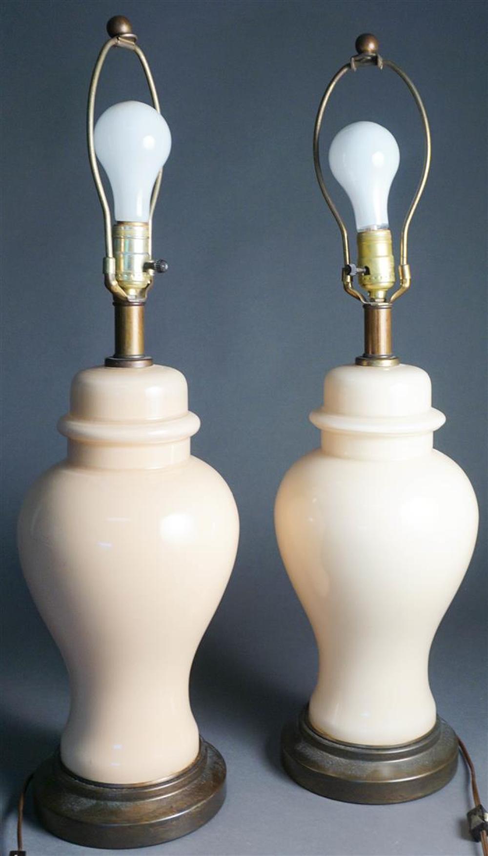 PAIR PEACH GLASS TABLE LAMPS,