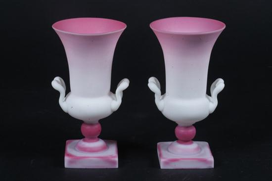 PAIR PEACHBLOW SATIN GLASS URNS