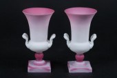PAIR PEACHBLOW SATIN GLASS URN