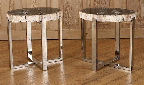 PAIR PETRIFIED WOOD END TABLE