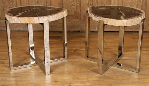 PAIR PETRIFIED WOOD TABLES CHROME