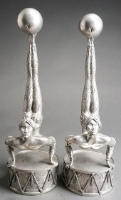 PAIR PEWTER ACROBAT FORM CANDL