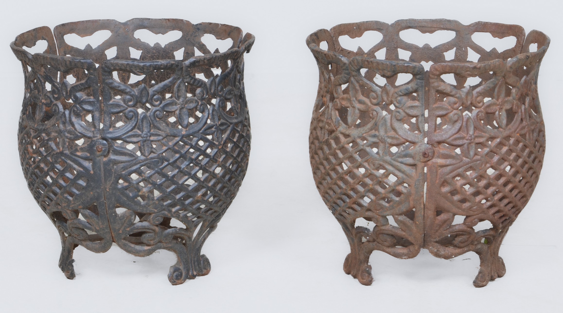 Pair pierced metal planters, 13"h x