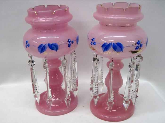 PAIR PINK GLASS VICTORIAN LUSTRES