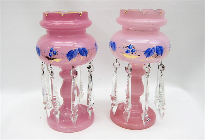 PAIR PINK GLASS VICTORIAN LUSTRES