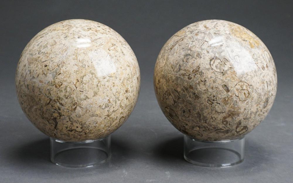 PAIR POLISHED BONE FOSSIL SPHERES