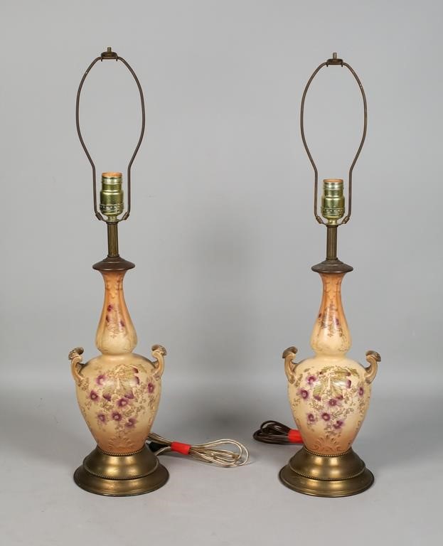 PAIR PORCELAIN URN LAMP ON BRASS
