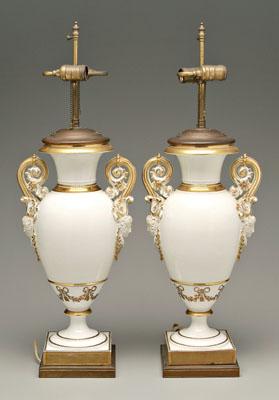 Pair porcelain urns: scrolled