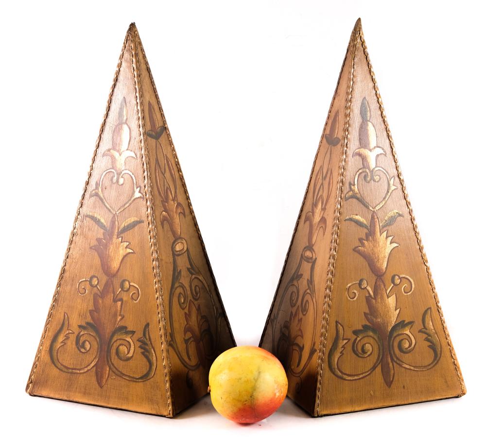 PAIR, PYRAMID FORM WOOD TABLE
