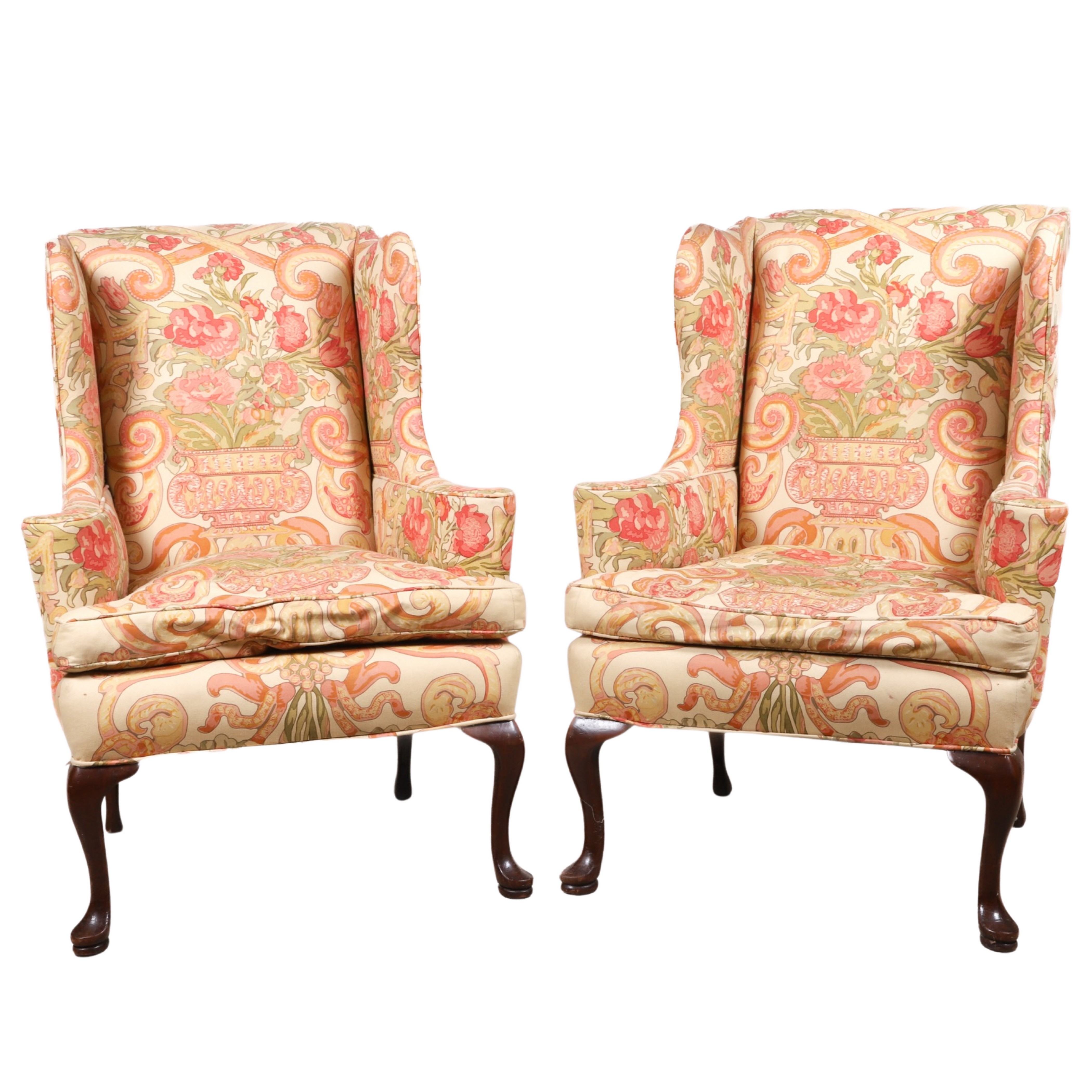 Pair Queen Anne style upholstered
