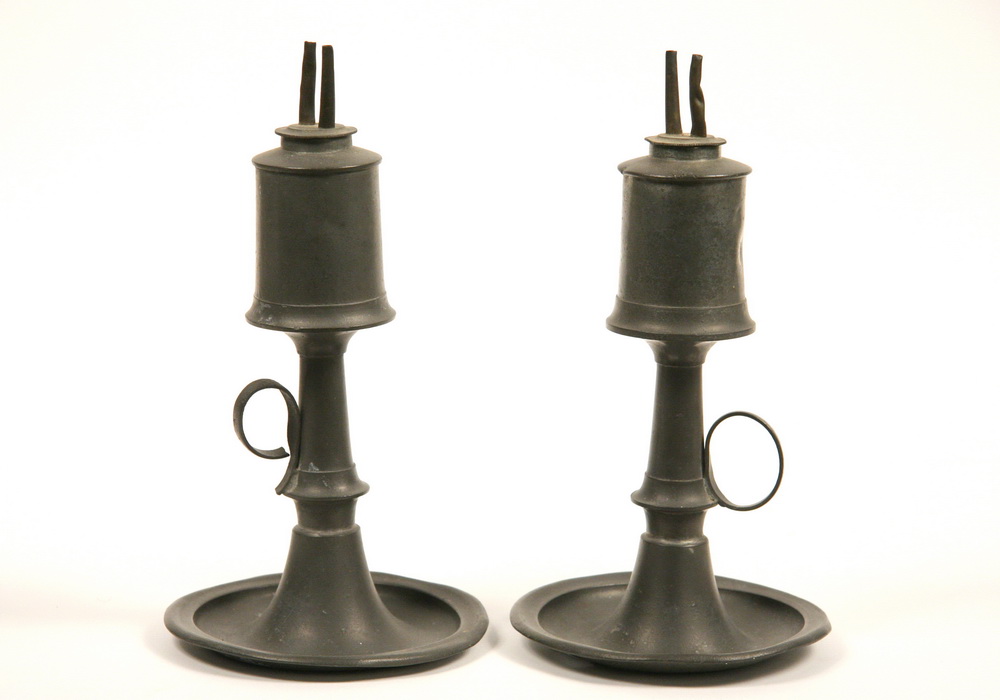 PAIR RARE PEWTER WHALE OIL LAMPS