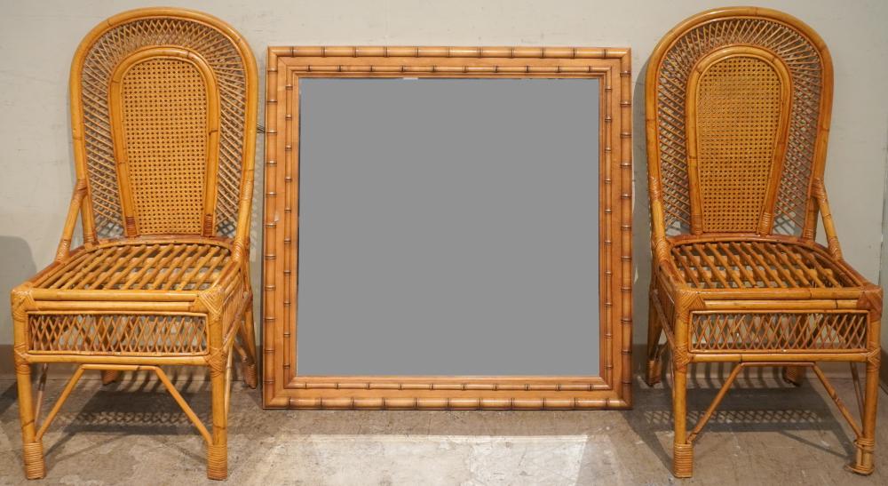PAIR RATTAN SIDE CHAIRS AND FAUX