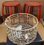 PAIR RED ENAMEL BAMBOO STOOLS