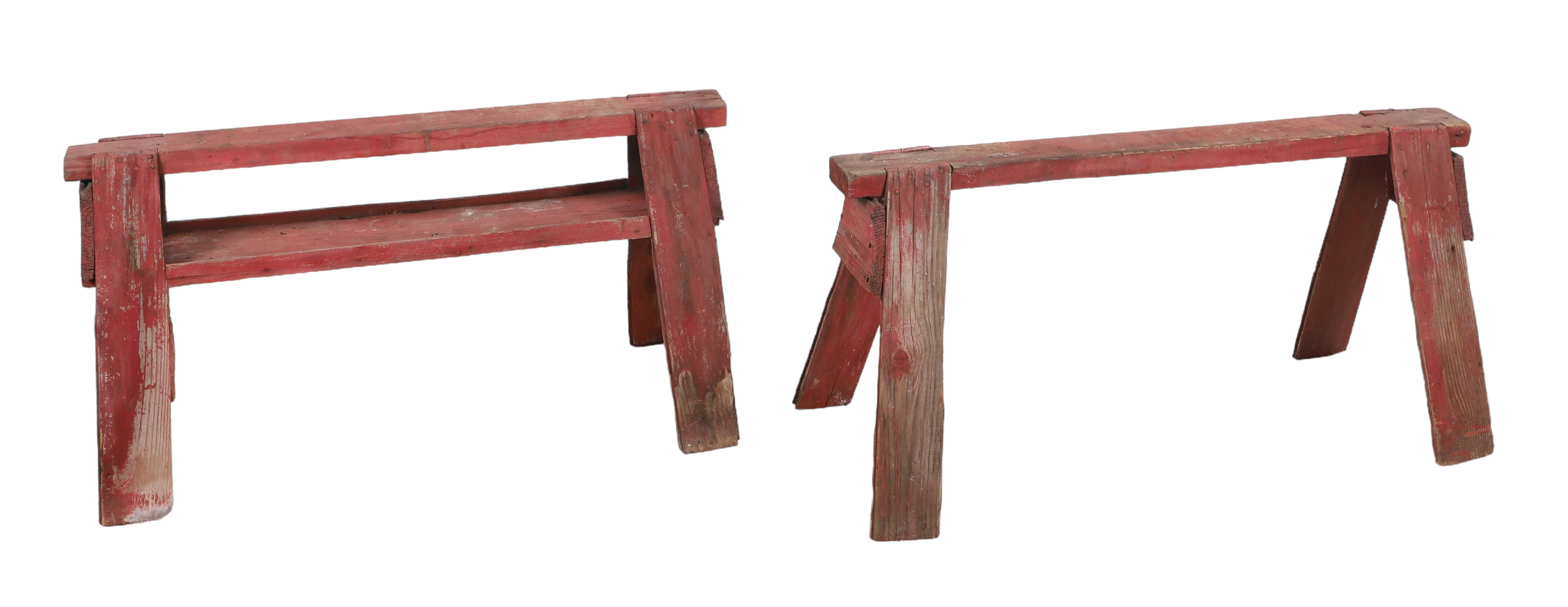 Pair red painted sawhorse bases,