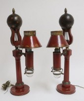 PAIR RED TOLE PEINTE LAMPS, 19