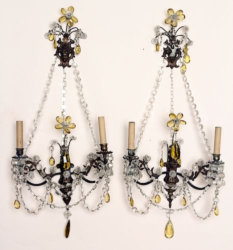 PAIR REGENCY STYLE BRASS CRYSTAL