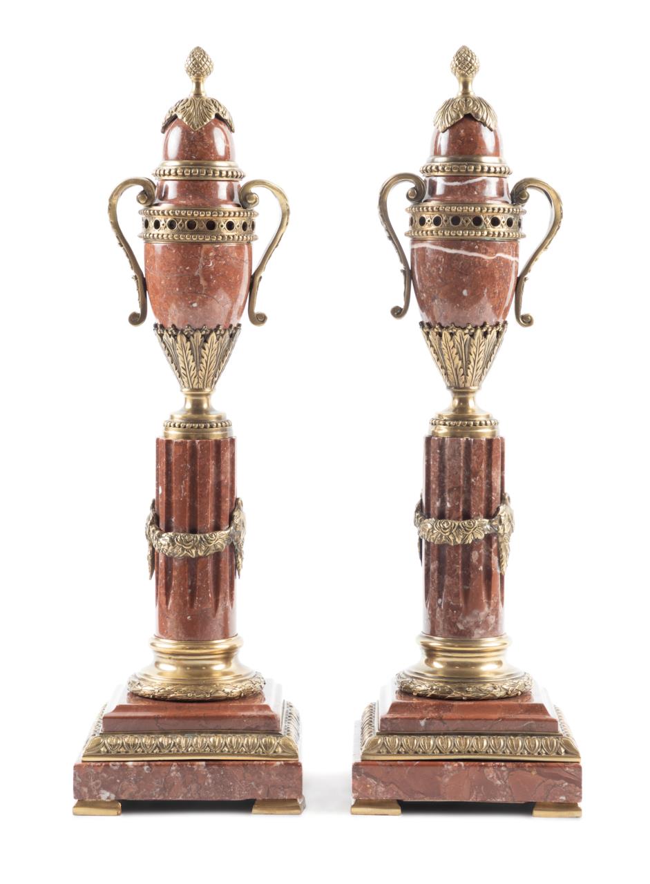 PAIR ROUGE MARBLE AND BRONZE
