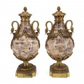 PAIR ROUGE MARBLE & BRASS CASS