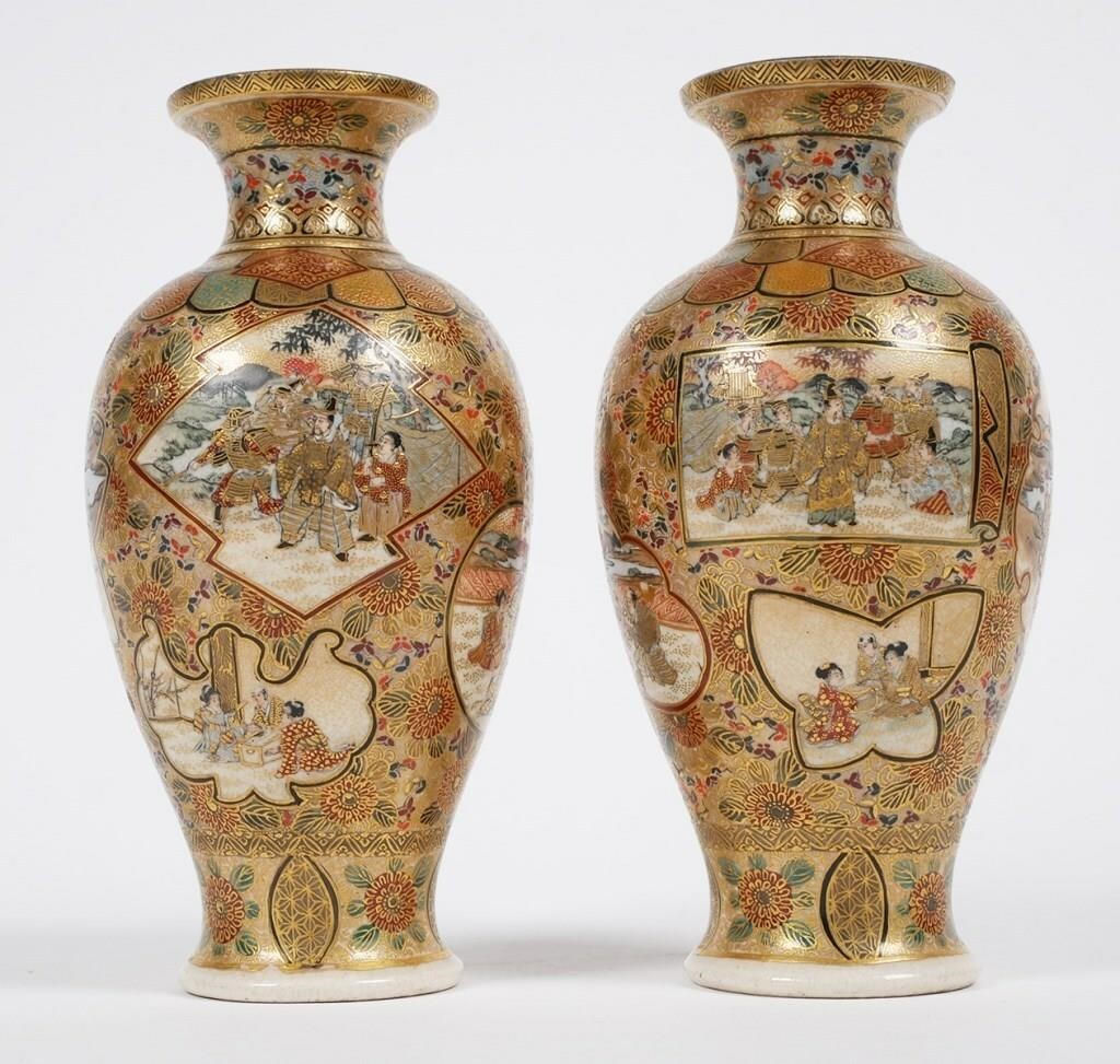 PAIR SATSUMA VASES, SIGNED, MEIJI