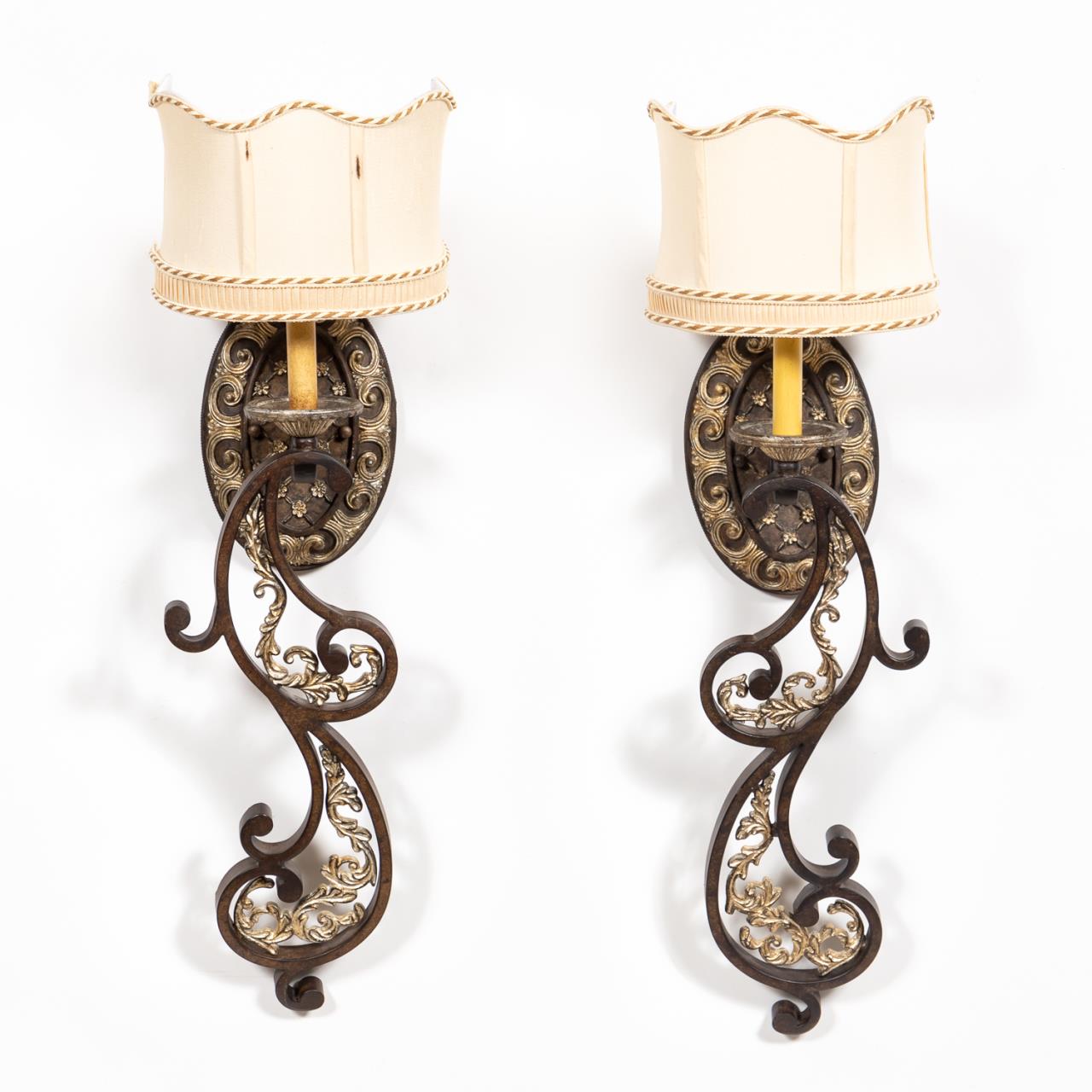 PAIR, SCROLLED IRON SINGLE-LIGHT