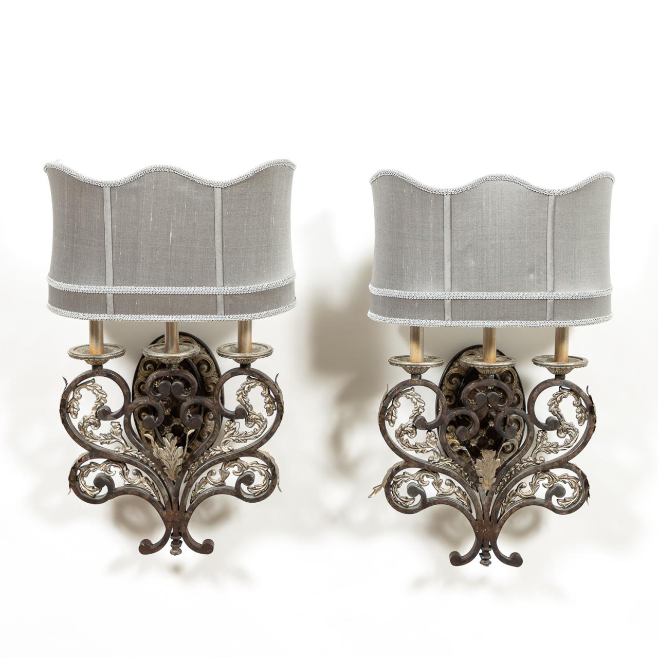 PAIR, SCROLLED IRON THREE-LIGHT