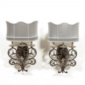 PAIR, SCROLLED IRON THREE-LIGH