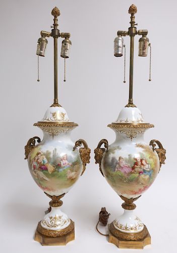 PAIR SEVRES STYLE PORCELAIN URNS AS